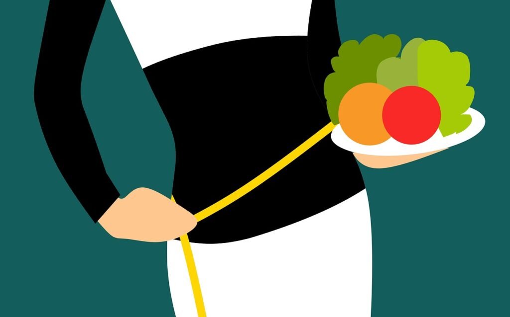 Woman holding healthy food and measuring waist size